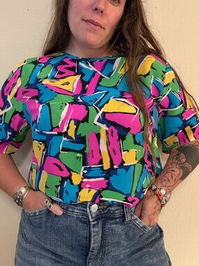 Vintage 80s 90s NWT Laura & Jayne Bright Multicolor Printed Silk Blouse Medium
